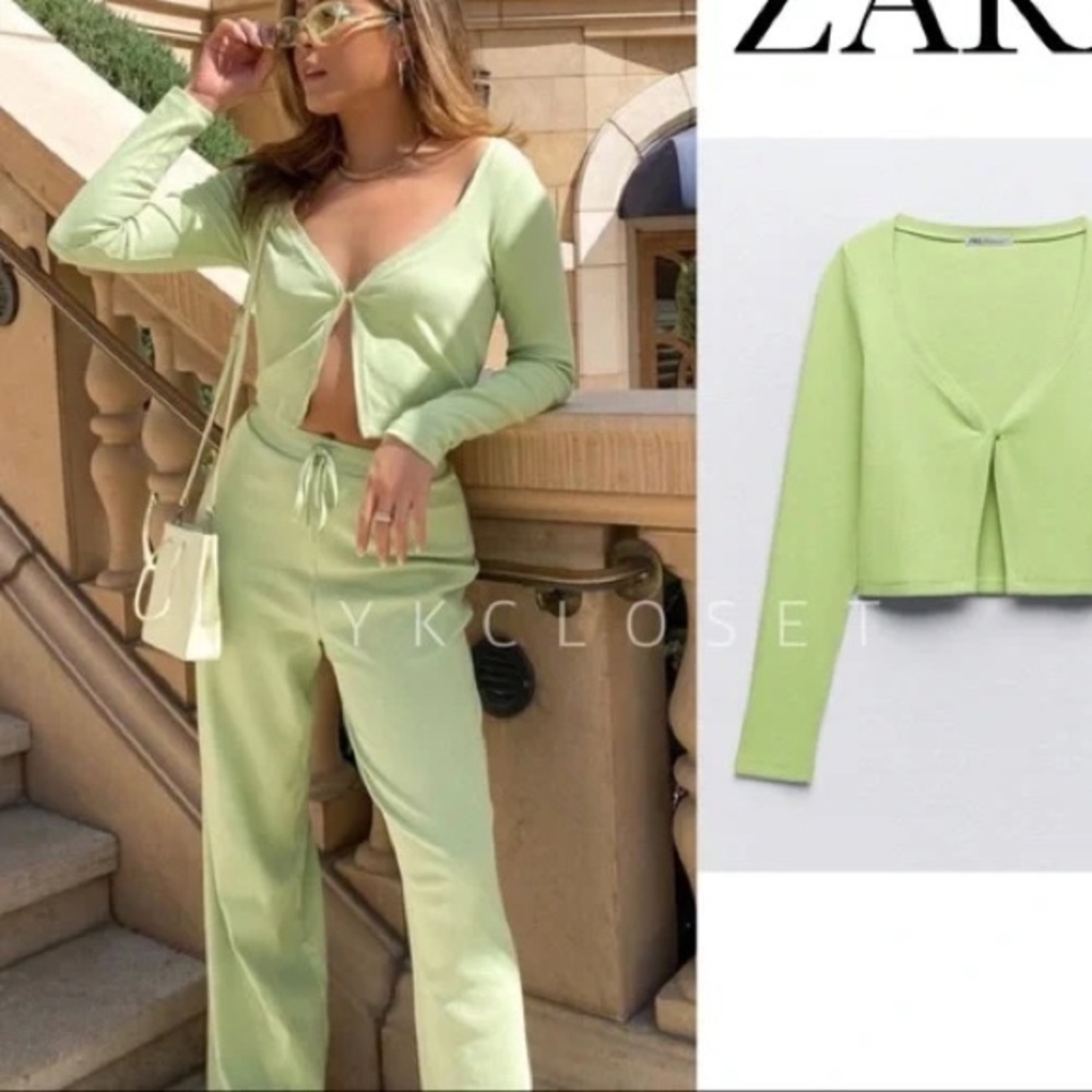 ZARA Matching Set Green Pants and Front Button Cardigan Long Sleeve Top Ribbed S - Picture 8 of 8